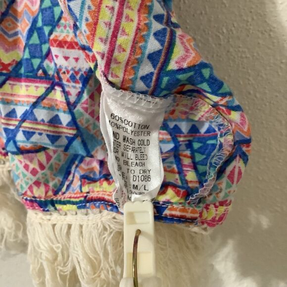 Kori Colorful Geometric Boho Hippie Festival Fringe Open Cardigan Kimono M/L - Picture 5 of 8